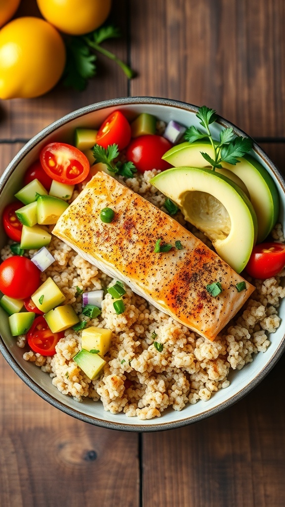 A colorful quinoa bowl with salmon, cherry tomatoes, cucumber, bell pepper, and avocado on a wooden table.